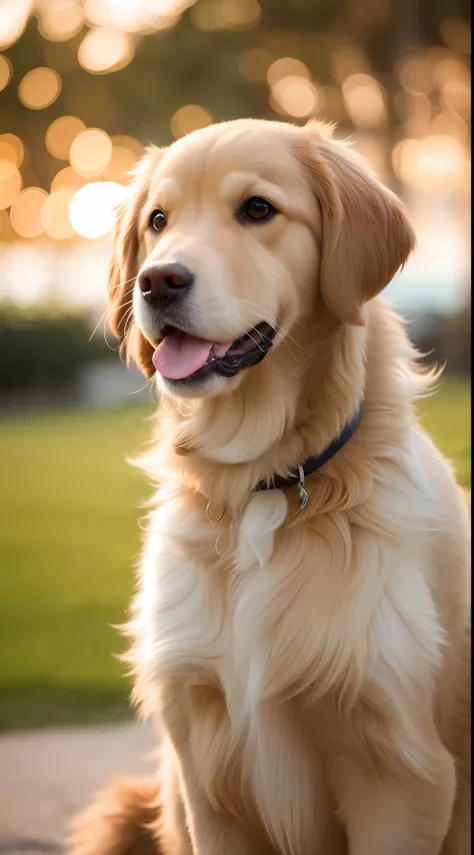 close-up photo of happy golden retriever，sun setting，80mm，f/1.8，degrees of freedom，bokeh，depth of ﬁeld，sub-surface scattering，po...