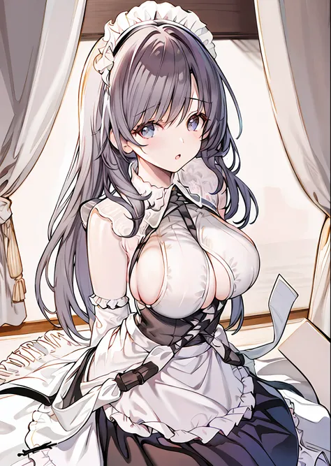 charybdis(azur lane), (origen), enmaided,indoors,cowboy shot, arms behind back, masterpiece, best quality, extremely detailed face, sharp details, high contrast,
