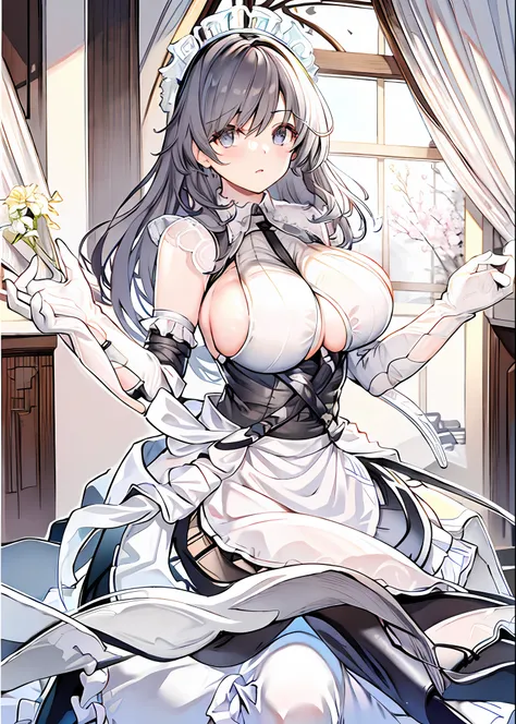 charybdis(azur lane), (origen), enmaided,indoors,cowboy shot, arms behind back, masterpiece, best quality, extremely detailed face, sharp details, high contrast,