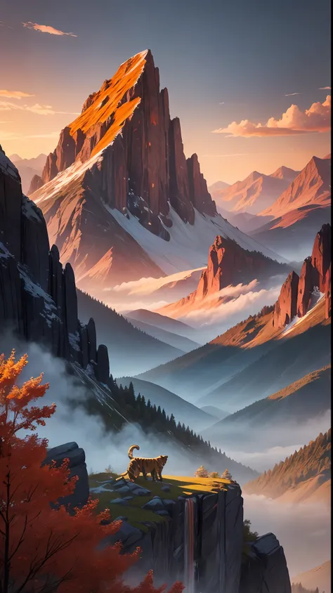 masterpiece, extremely detailed CG unity 8k wallpaper, scenery, outdoors, sky, day, no humans, mountain, landscape, water, (tree:1.2), blue sky, waterfall, cliff, nature, Mountain mist, (sunset:1.2), stone bridge on the hill, lake, river, award winning pho...
