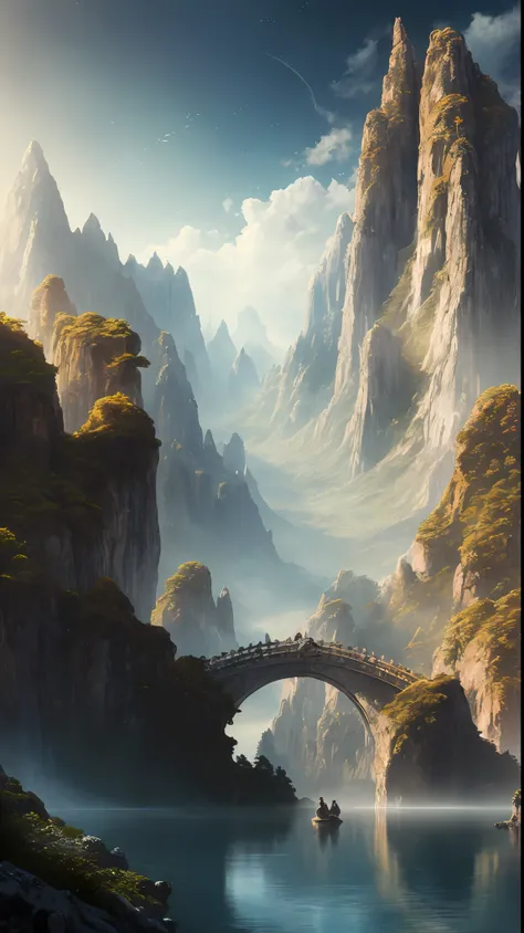 masterpiece, extremely detailed CG unity 8k wallpaper, scenery, outdoors, sky, day, no humans, mountain, landscape, water, (tree:1.2), blue sky, waterfall, cliff, nature, Mountain mist, (sunset:1.2), stone bridge on the hill, lake, river, award winning pho...