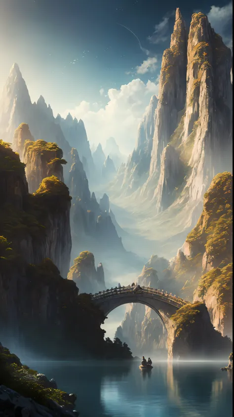masterpiece, extremely detailed CG unity 8k wallpaper, scenery, outdoors, sky, day, no humans, mountain, landscape, water, (tree:1.2), blue sky, waterfall, cliff, nature, Mountain mist, (sunset:1.2), stone bridge on the hill, lake, river, award winning pho...