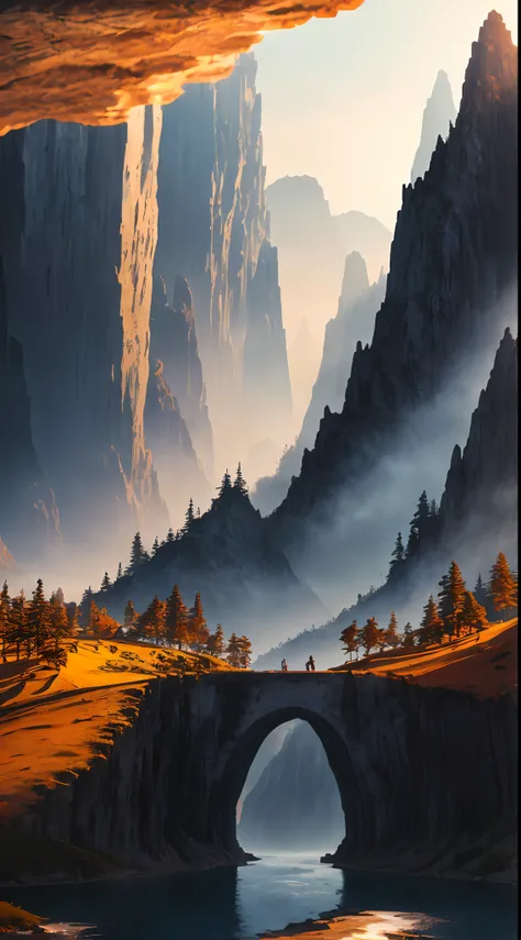 masterpiece, extremely detailed CG unity 8k wallpaper, scenery, outdoors, sky, day, no humans, mountain, landscape, water, (tree:1.2), blue sky, waterfall, cliff, nature, Mountain mist, (sunset:1.2), stone bridge on the hill, lake, river, award winning pho...