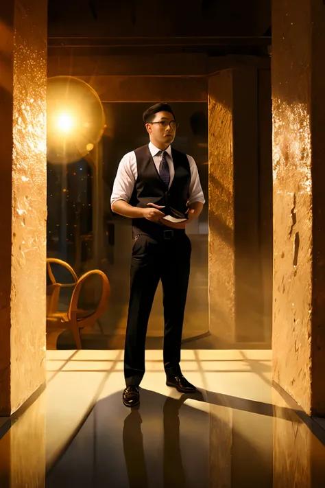 1 oriental man, big bump, stubble,
A muscular 30-year-old man in glasses, a reflective long-sleeved white shirt and tie, leather shoes,
Complete body, soft lighting,
Masterpiece, Best Quality, 8K UHD, DSLR, Film Grain, Fuji XT3 Photorealistic Painting Art