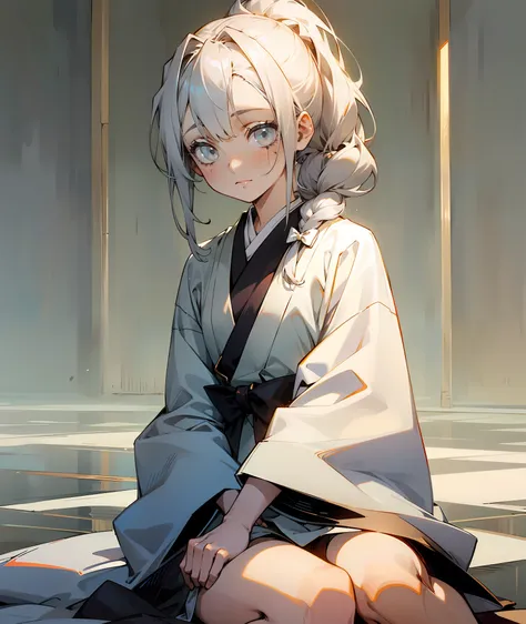 1girl, grey eyes, white hair, small scars, human, grey kimono, soft smile, calm, kind, hair up, hair in bow, sitting, calm, peac...