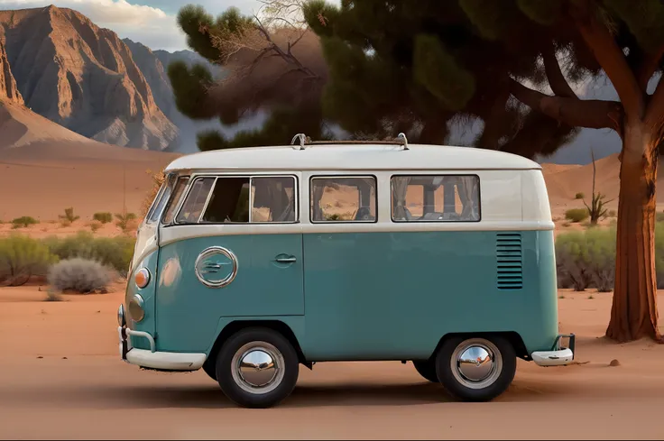 a volkswagen kombi rolling in a desert ,chiaroscuro