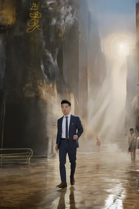 1 oriental male, big bumps, stubble. A 30-year-old muscular man wearing glasses, a reflective windbreaker, long-sleeved white shirt and tie, and leather shoes. Full body, soft lighting. In the city. masterpiece, Best quality, 8K UHD, Digital SLR, filmgrain...