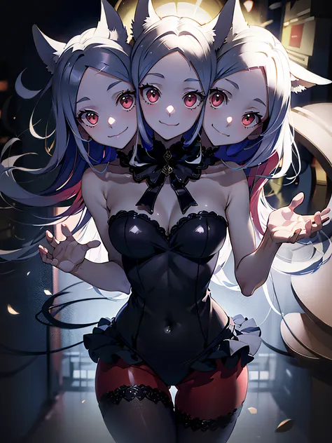 best resolution, halfbody shot, (3heads:1.5),  1 animegirl with three heads, helltaker, cerberus!!!, digital background