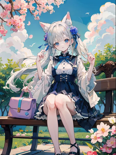 anime pictures。bright and pretty shades。a cute woman with cat ears of about 18 years old sits on a bench in the pavilion of a ga...