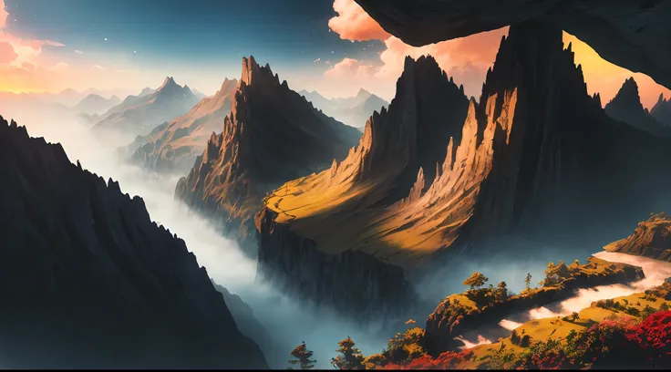 masterpiece, extremely detailed CG unity 8k wallpaper, scenery, outdoors, sky, day, no humans, mountain, landscape, water, (tree:1.2), blue sky, waterfall, cliff, nature, Mountain mist, (sunset:1.2), stone bridge on the hill, lake, river, award winning pho...