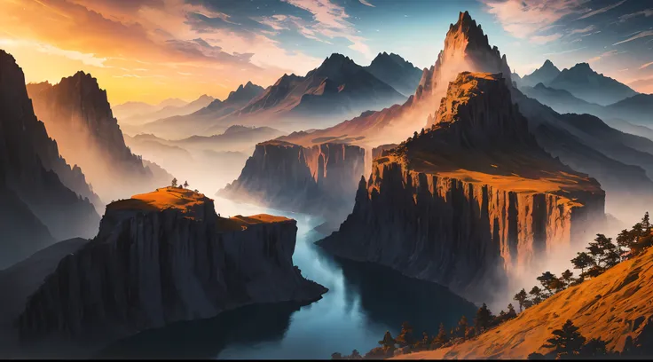 masterpiece, extremely detailed CG unity 8k wallpaper, scenery, outdoors, sky, day, no humans, mountain, landscape, water, (tree:1.2), blue sky, waterfall, cliff, nature, Mountain mist, (sunset:1.2), stone bridge on the hill, lake, river, award winning pho...