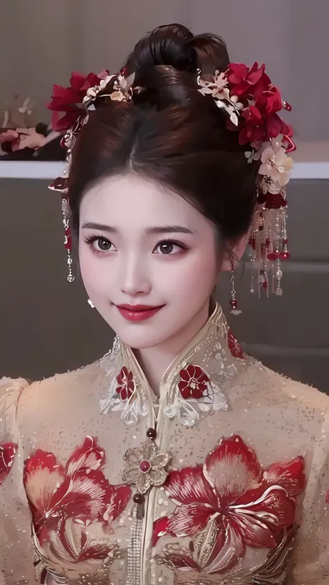 a close up of a woman wearing a red and gold dress, Chinese style, ruan jia beautiful!, Traditional beauty, on cheongsam, traditional chinese, gorgeous chinese models, China Princess, Wearing a red cheongsam, dilraba dilmurat, Chinese dress, shaxi, Chinese...