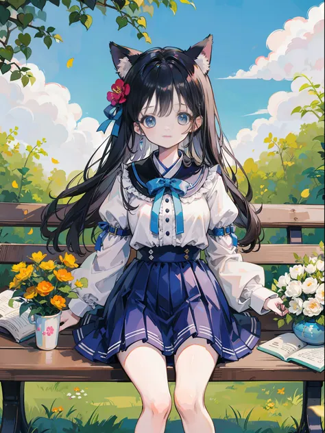 anime pictures。bright and pretty shades。a cute woman with cat ears of about 18 years old sits on a bench in the pavilion of a ga...