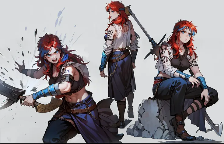 boadicea, red-haired viking warrior with nordic armor and rune tattoos on her body and blooming blue eyes holding an axe, 4k