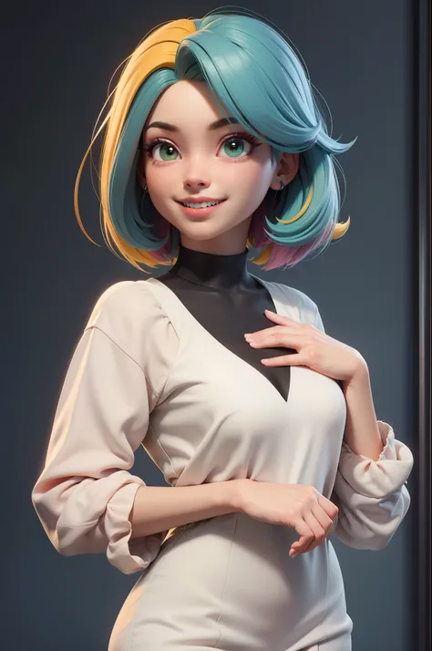 obra-prima, melhor qualidade, trabalho de rending 3d, estilo 3DMM, 3D, 1girl, solo, cabelo multicolorido, cabelo amarelo, cabelo laranja, colar, sardas, joias, cabelo de dois tons, olhando para o lado, realista, de corpo inteiro, fundo simples claro, franj...