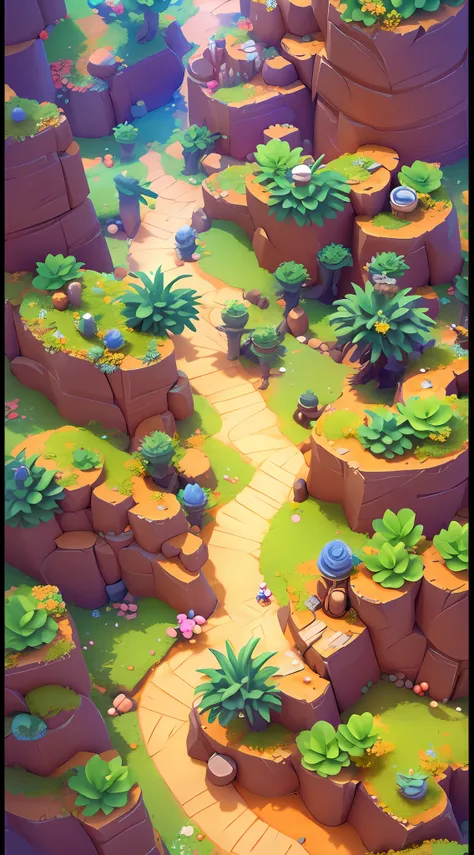 game map design，cartoonish style，desert theme、angle of depression，in the middle is a smooth path，gameicon，a desert，rochas，cacti，...