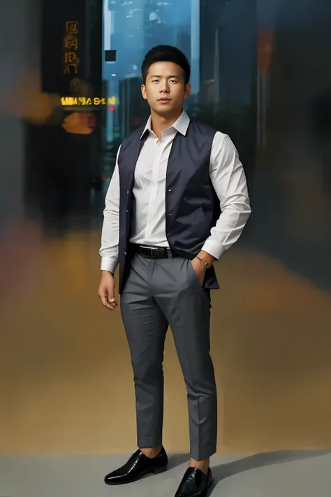 1 oriental male, big bumps, stubble. A 30-year-old muscular man wearing glasses, a reflective windbreaker, long-sleeved white shirt and tie, and leather shoes. Full body, soft lighting. In the city.(masterpiece, Best quality), 8K UHD, Digital SLR, filmgrai...