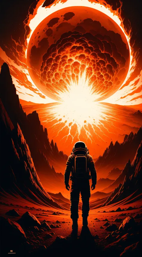 epic fantasy concept，a poster for the movie，there was a man in a spacesuit, the background is a volcanic eruption，on mars，there ...