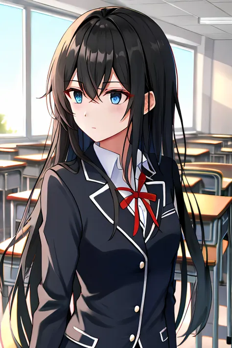 black hair, blue eyes, long hair, small breasts, school uniform, class room