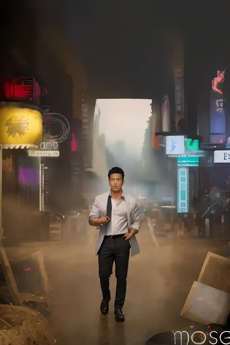 1 oriental male, big bumps, stubble. A 30-year-old muscular man wearing glasses, a reflective windbreaker, long-sleeved white shirt and tie, and leather shoes. Full body, soft lighting. In the neon city. (masterpiece, Best quality), 8K UHD, Digital SLR, fi...