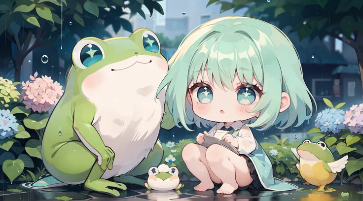 1girl, cute, chibi, big eyes, thick lines, frog, green, rainy, hydrangea