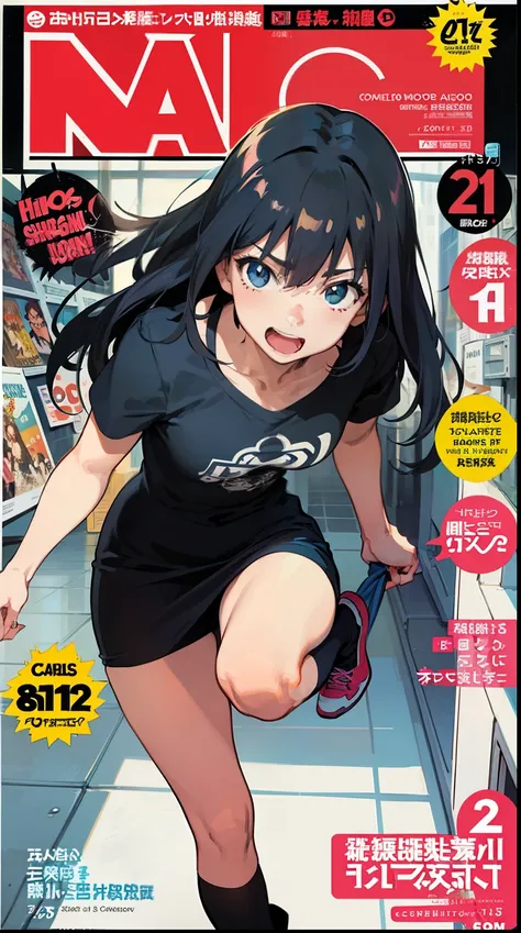 There is a poster,Makoto Shinkai anime style,The poster has a cartoon character on it, A 25-year-old girl with long hair,The girl had a very happy expression,The girl stands on one foot,One foot jump,The girl carries the merchandise in her hand,Single colo...