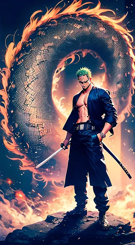 roronoa zoro (one piece) standing on a mountain top, black dragon [(swirling:1.1), (majestic:1.3)] behind him with a stormy sky,...