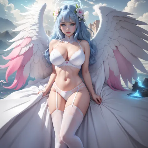 (cartoon), Masterpiece, best quality, beauty, magic, solo,1 nice girl, bride, angel,halo, mature, 20yo, busty, white wedding dress, fantastic hair, neon clouds on background, detailed huge white angel wings, wide opened wings, blue hair, ...