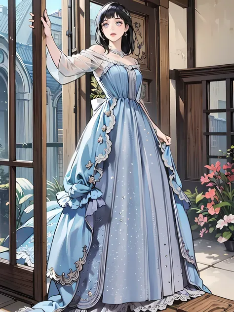 a woman in a blue dress standing in front of a door, magical dress, icey blue dress, soft elegant gown, fantasy dress, ethereal fairytale, elegant dress, victorian blue dress, wearing an evening gown, very magical and dreamy, long blue dress, wearing long ...