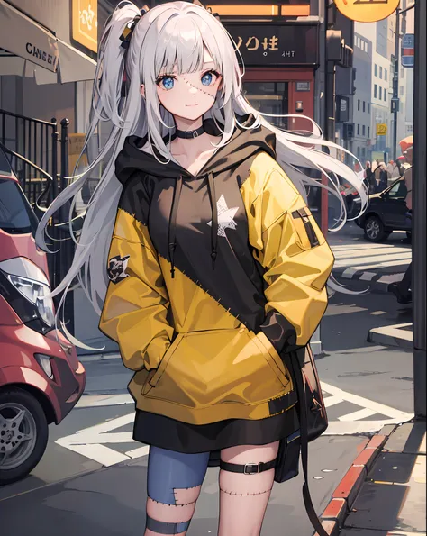 1girl, large breasts,stitched face, patchwork skin, closed mouth, long_hair, light smile,city,street, white hair, ,stitched_face...