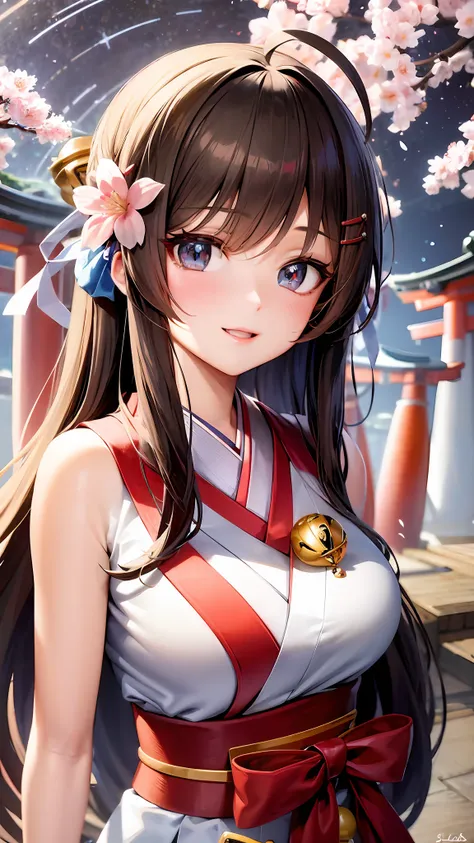 {upper body close-up:1.5} ,colorful startrails,((cherry blossoms)),(torii),solo,neat figure,(young girl),(long hair),(golden_eye...