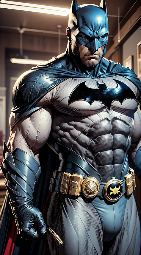 1 man, solo, ben affleck as batman, tall, hunk, muscular, bulk, wide shoulder, photorealism, dark dirty grey suit, dark grey arm...