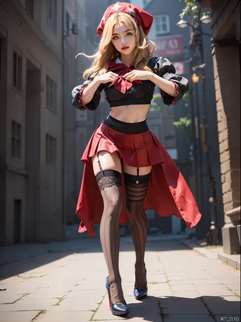 velvet, (red hood, crop top, puffy sleeves, star hat headdress, long skirt, vertical-striped stockings, high heels:1.5), (blonde...