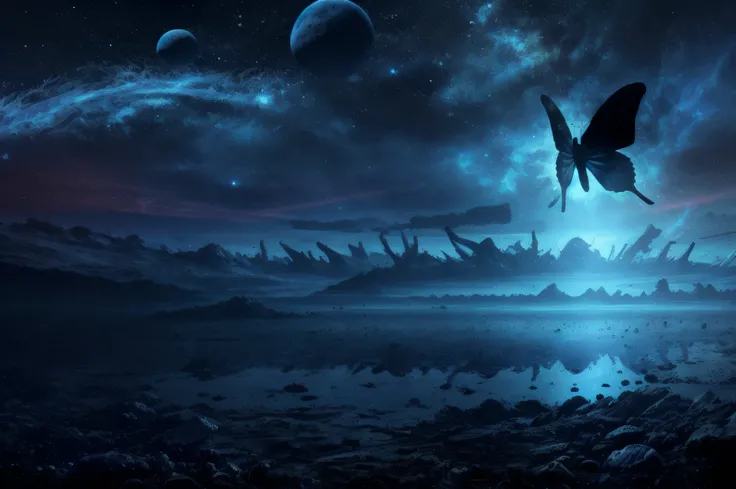 masterpiece, best quality, extreme detail, 8k, image sharpness, black butterfly flying above alien planet, alien planet landscape, starry sky, moons, psychedelic sunset, occult, mysterious, galaxy, nebula, dramatic lighting, sparkles