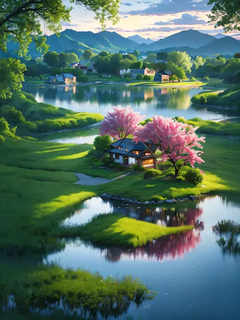 there is a small house on a small island in the middle of a lake, beautifully lit landscape, peaceful landscape, serene landscape, beautiful serene landscape, amazing landscape, in a serene landscape, an amazing landscape image, dreamy landscape, beautiful...