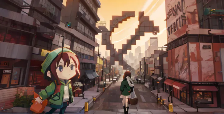 anime girl standing on city street in green jacket，the background is the building, anime style cityscape, screenshot from the an...