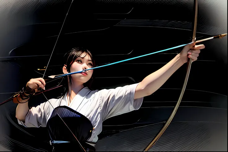 arafed woman in a black and white outfit holding a bow and arrow, wielding a bow, woman holding recurve bow, bow ashigaru, holding bow and arrow, holding bow and arrow, female archer, holding a longbow, longbows, holding a bow, archer bow, fox nobushi hold...