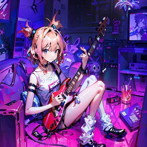 anime girl with a guitar in a room with a purple background, style of anime4 k, nightcore, splash art anime loli, anime moe art ...