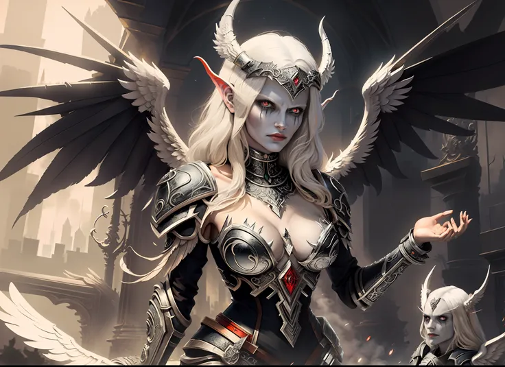 (Meisterwerk:1.2),(best quality:1.1),(hoch detaillierte Details:1.2),demonic angel with large black and white wings, white and red armor, gorgeous face, sitzend auf einem Thron, hinter ihm die Skyline