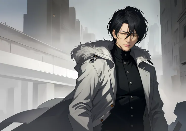 masterpiece, (absurdres:1.1), best quality, extremely delicate, (beautiful face:1.1), elegant, (great composition), bags under eyes, (dark:1.3), depressed, expressionless, white skin, thick black hair, (empty eyes:1.2), short hair, (realistic:1.1), 1man, c...