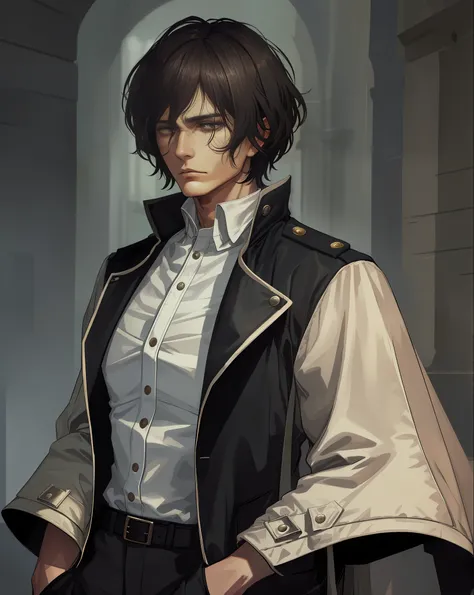 masterpiece, (absurdres:1.1), best quality, extremely delicate, (beautiful face:1.1), elegant, (great composition), bags under eyes, (dark:1.3), depressed, expressionless, white skin, dark hair, (empty eyes:1.2), short hair, (realistic:1.1), 1man, cool ou...