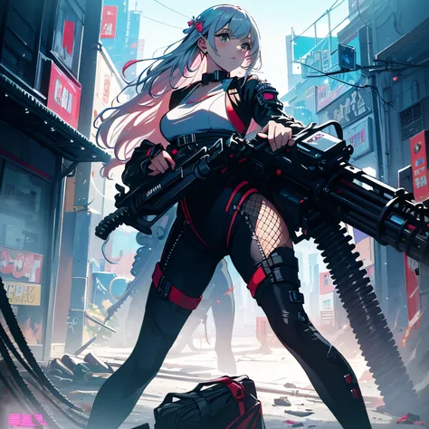 ((best quality)), ((masterpiece)), (highly detailed:1.3) beautiful hyper waifu in cyberpunk bodysuit firing gatling gun,gun,anim...