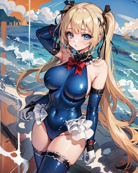 1girl,solo,large breasts, marierose,blue one-piece swimsuit, standing,cowboy shot, blush,
water,sand,sea,wet, elbow gloves, blue thighhighs,