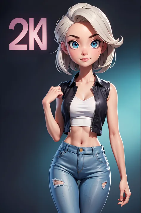 Super sexy Maria dressed (Low-cut and tight (Flared jeans)), ((White crop top top:1.5) Vest with exposed neckline), Short hair, gray hair, photorealestic, photography of, (A high resolution), (realisticlying:1.4), (very intricate), (exquisitedetails), high...