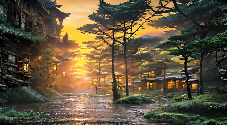 At night, old Kyoto cityscape, Japan-like wooden architecture surrounded by moss and trees, submerged Kyoto city, Kyoto townhouse, Japan residence, Japan Kyoto, Kyoto city integrated with the forest, water flowing on the road, decadent and devastated Kyoto...