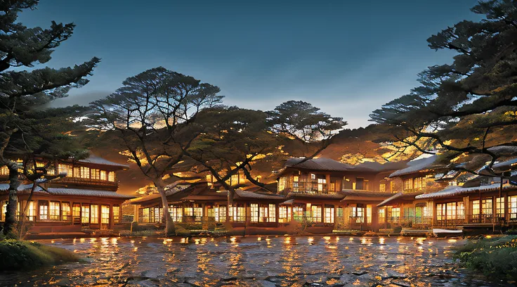 at night, old kyoto cityscape, japan-like wooden architecture surrounded by moss and trees, submerged kyoto city, kyoto townhous...