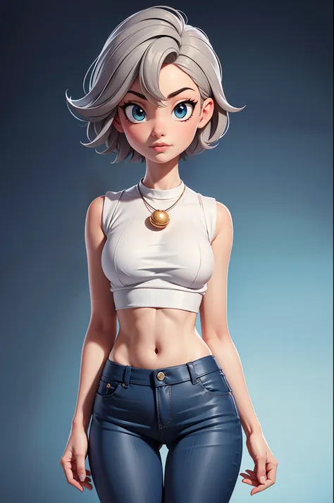 super sexy maria dressed （low-cut and tight （flared jeans））， （（white crop top top：1.5） vest with exposed neckline）， short hair, ...