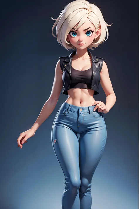 super sexy maria dressed （low-cut and tight （flared jeans））， （（white crop top top：1.5） vest with exposed neckline）， short hair, ...