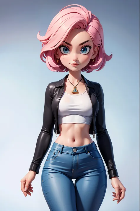 super sexy maria dressed （low-cut and tight （flared jeans））， （（pink crop top top：1.5） vest with exposed neckline）， short hair, t...