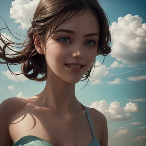 masterpiece, best quality, movie still, 1girl, floating in the sky, cloud girl, cloud, (close-up:1.1), bright, happy, fun, soft lighting, (Bauhaus, shapes, lines, abstract:1.1)